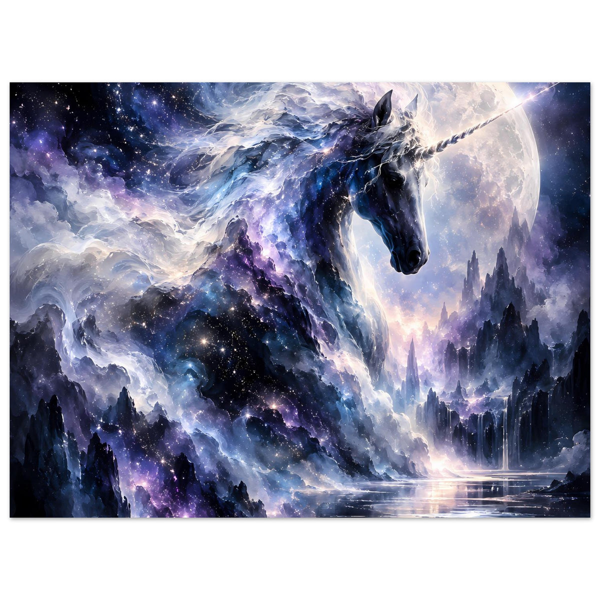 Galaktisches Einhorn-Poster: Großansicht des Einhorns, Galaxiewolken, Vollmond und Wasserreflexe.