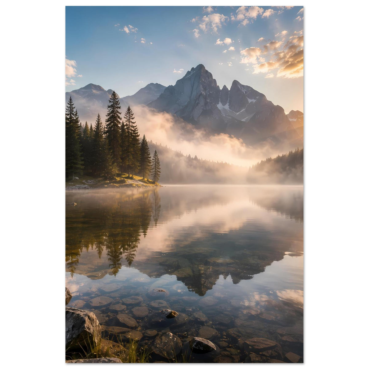 Hochformat-Poster: Berggipfel, Nadelwald, spiegelnder See und Nebel bei Sonnenaufgang