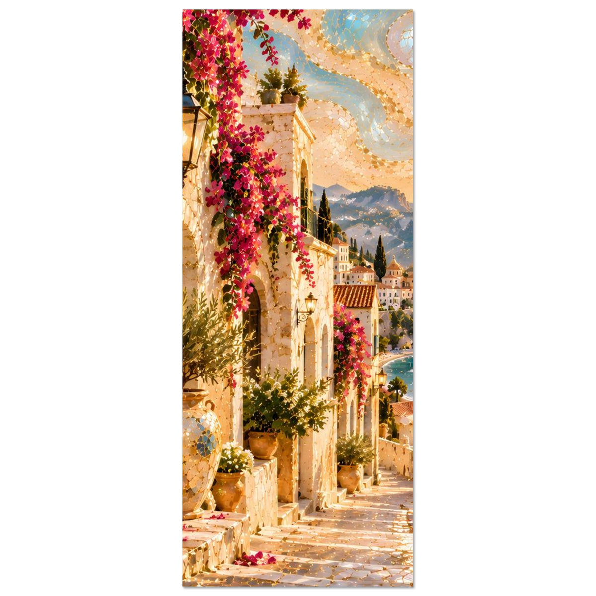 Mediterraner Poster (hochkant): Florale Arkaden-Gasse mit Laternen und Blick aufs Wasser