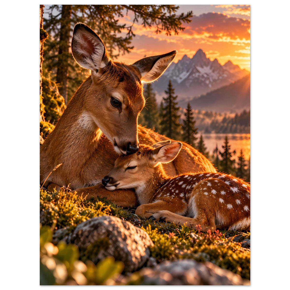 Hochformat-Poster: Reh und Rehkitz im Gras vor Bergen und Tannen, warmes Sonnenlicht