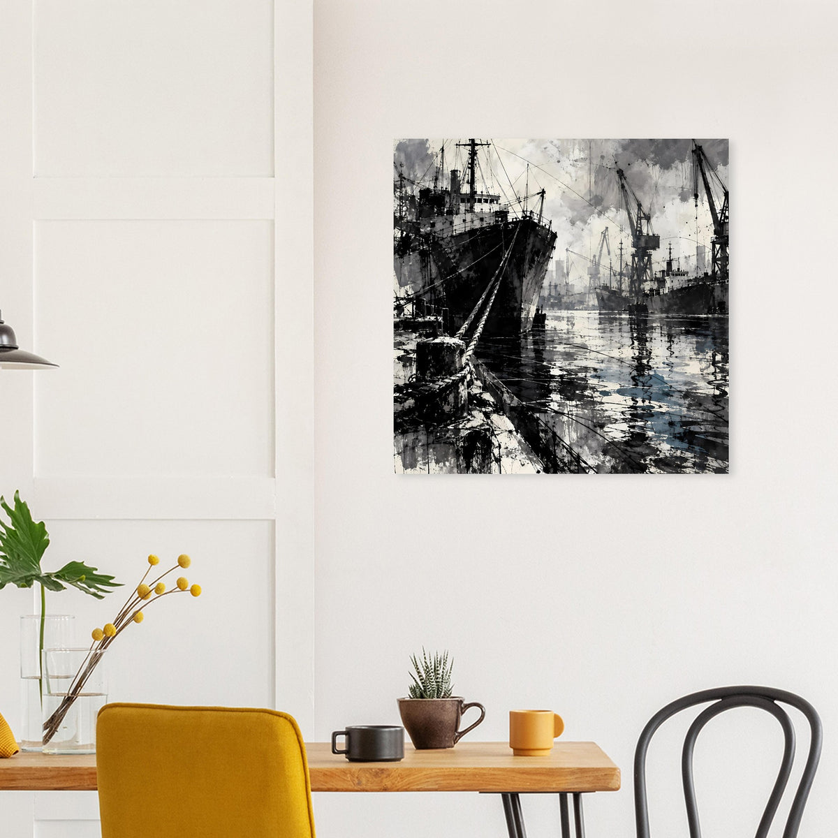 Rechteckiges Schwarzweiß-Poster mit Hafen und Werft, kontrastreich