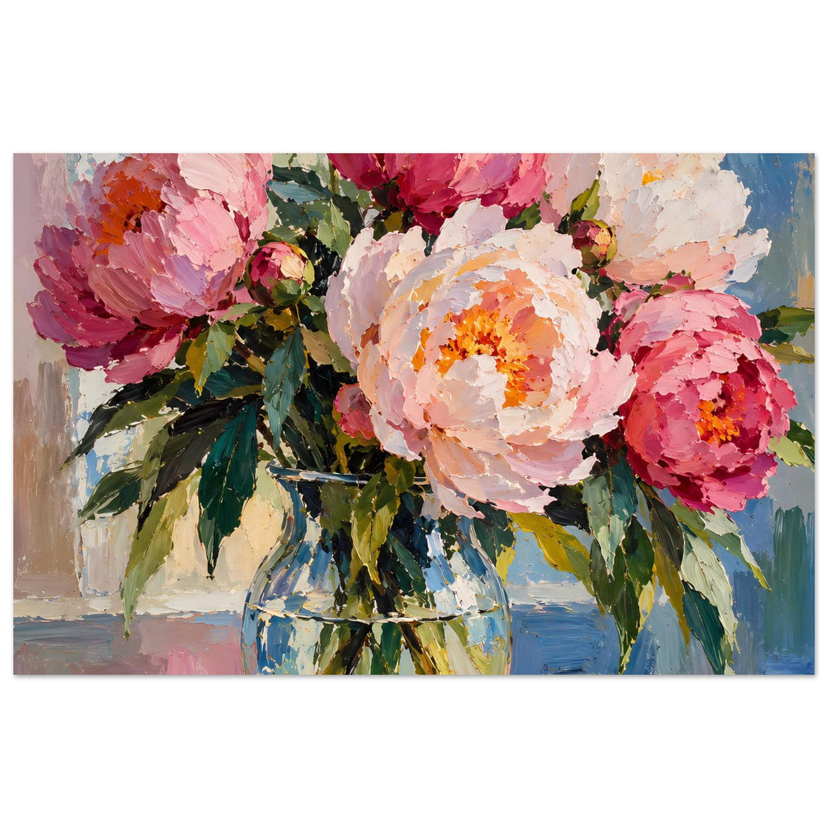 Blumenposter: Pfingstrosenstrauß in Vase, leuchtender Ölmalerei-Look