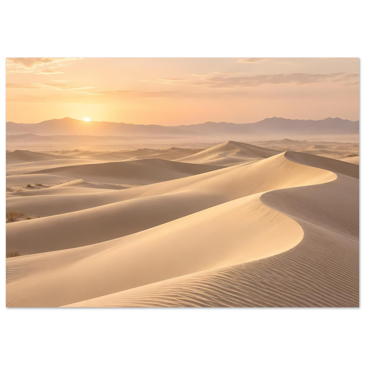 Poster im Hochformat mit geschwungenen Sanddünen und goldenem Himmel