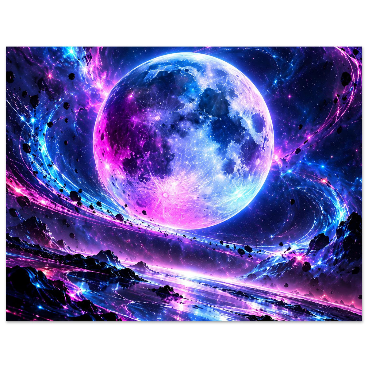Querformat-Poster: leuchtender Planet in Blau und Lila mit farbigen Lichtstrahlen und Sternen.
