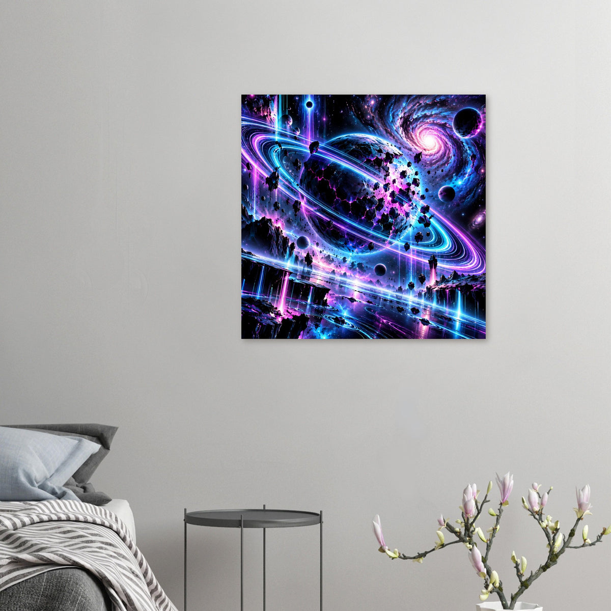 Neon-Galaxie-Poster im Kleinformat an der Wand mit bunten Planeten und Spiralgalaxie