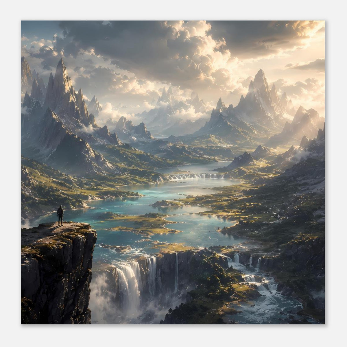 Gerahmter Landschaftsdruck mit Bergpanorama, Fluss und Wasserfällen; Person auf Klippe