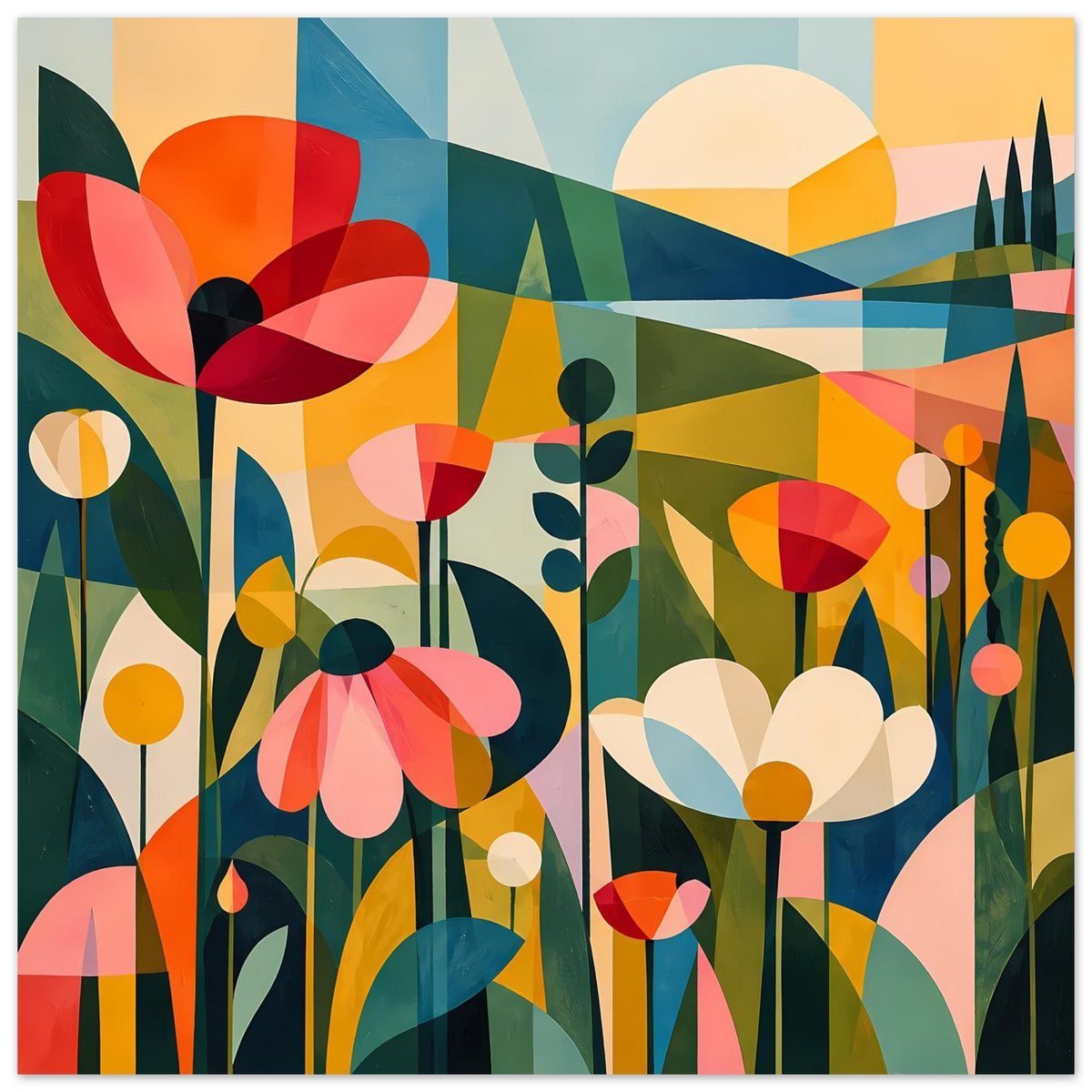 Abstraktes Blumenposter im Hochformat: stilisierte Blumen, grüne Blätter und orange Akzente