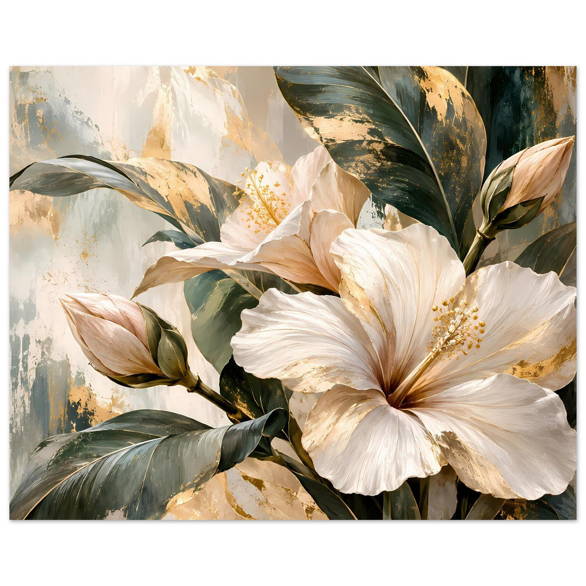 Blumenposter im Hochformat mit großen cremefarbenen Blüten, grünen Blättern und Goldsprenkel