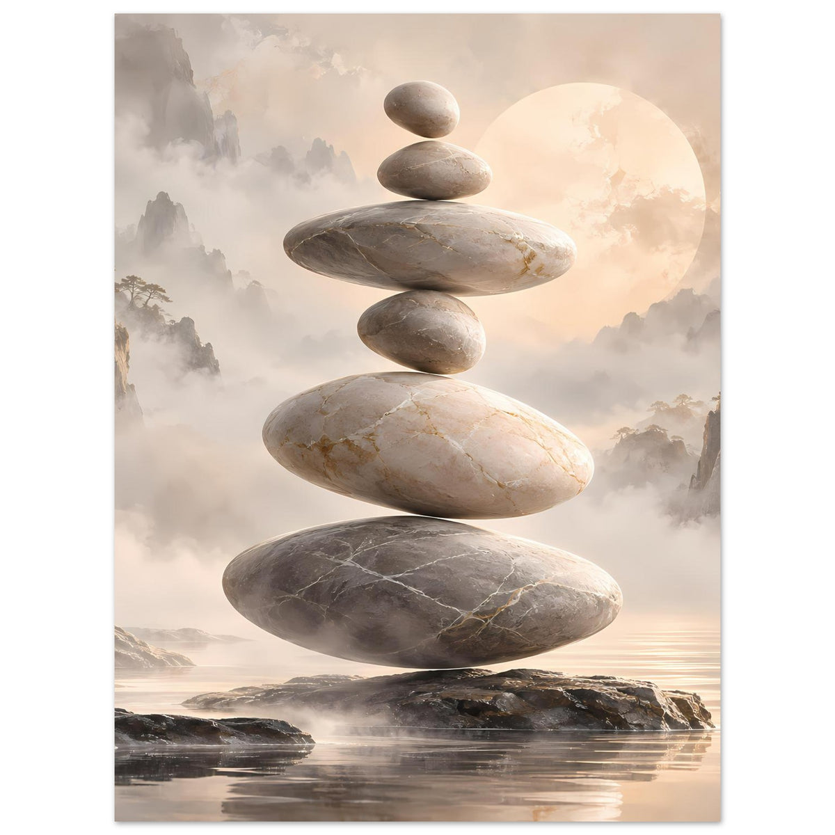 Zen-Steine in Balance vor nebligem Hintergrund in sanften Beige- und Grautönen – Posteransicht 35