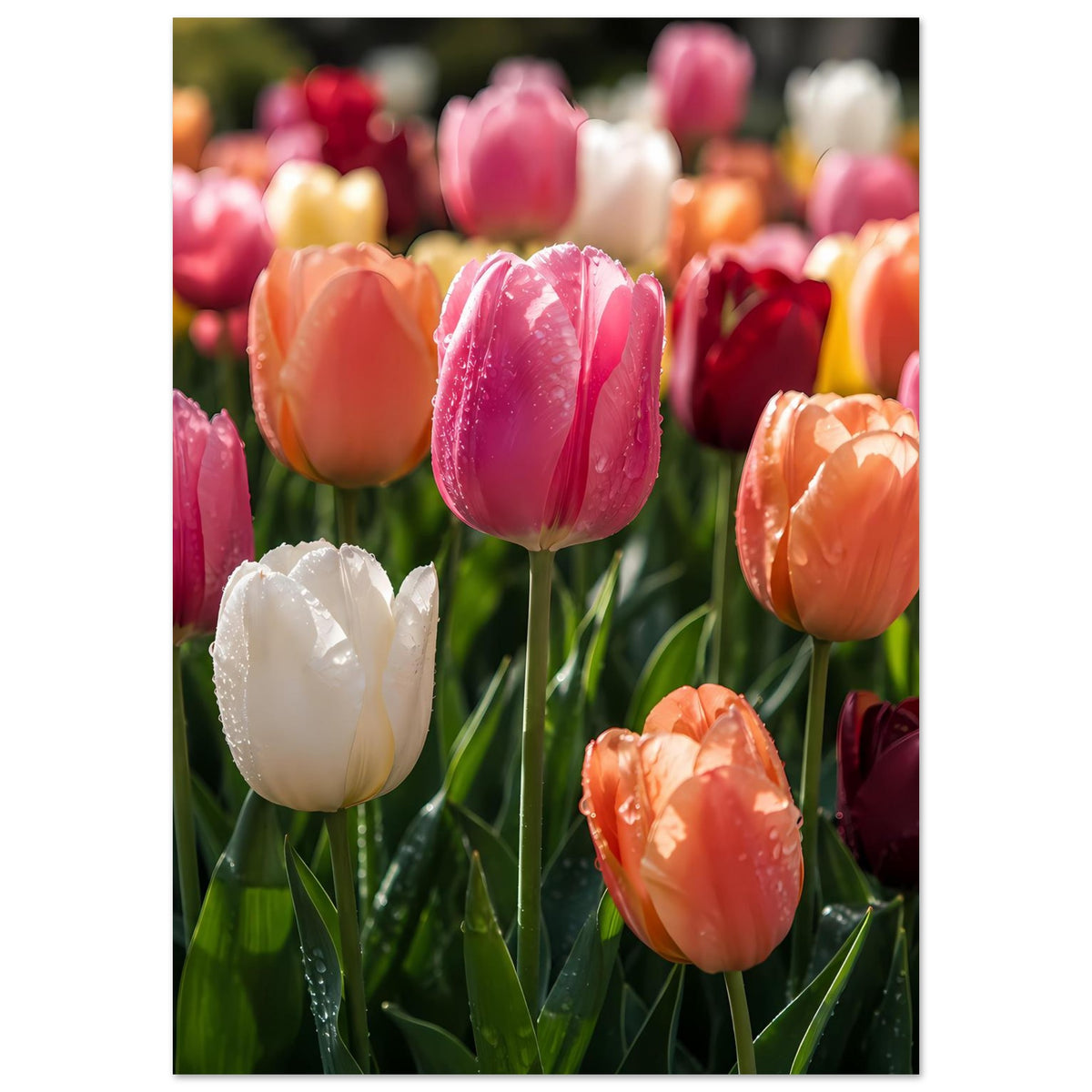 Blumenposter (Hochformat) mit Tulpen: zentrale pinke Tulpe, orangefarbene und rote Blüten