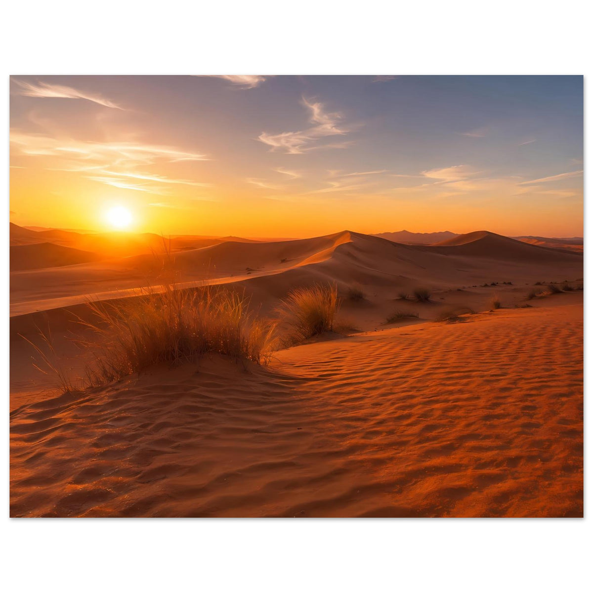 Horizontales Wüstenlandschaftsposter mit Sonnenaufgang, Sandwellen und warmem Farbverlauf