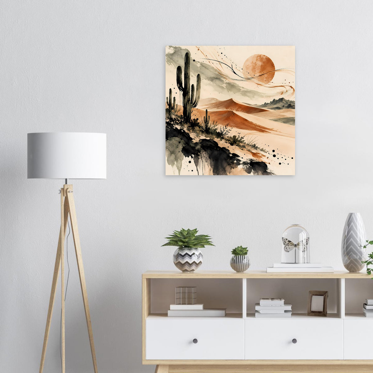 Rechteckiges Wüsten-Poster mit Kaktus und Terrakottafarben, abstrakte Aquarelllandschaft.