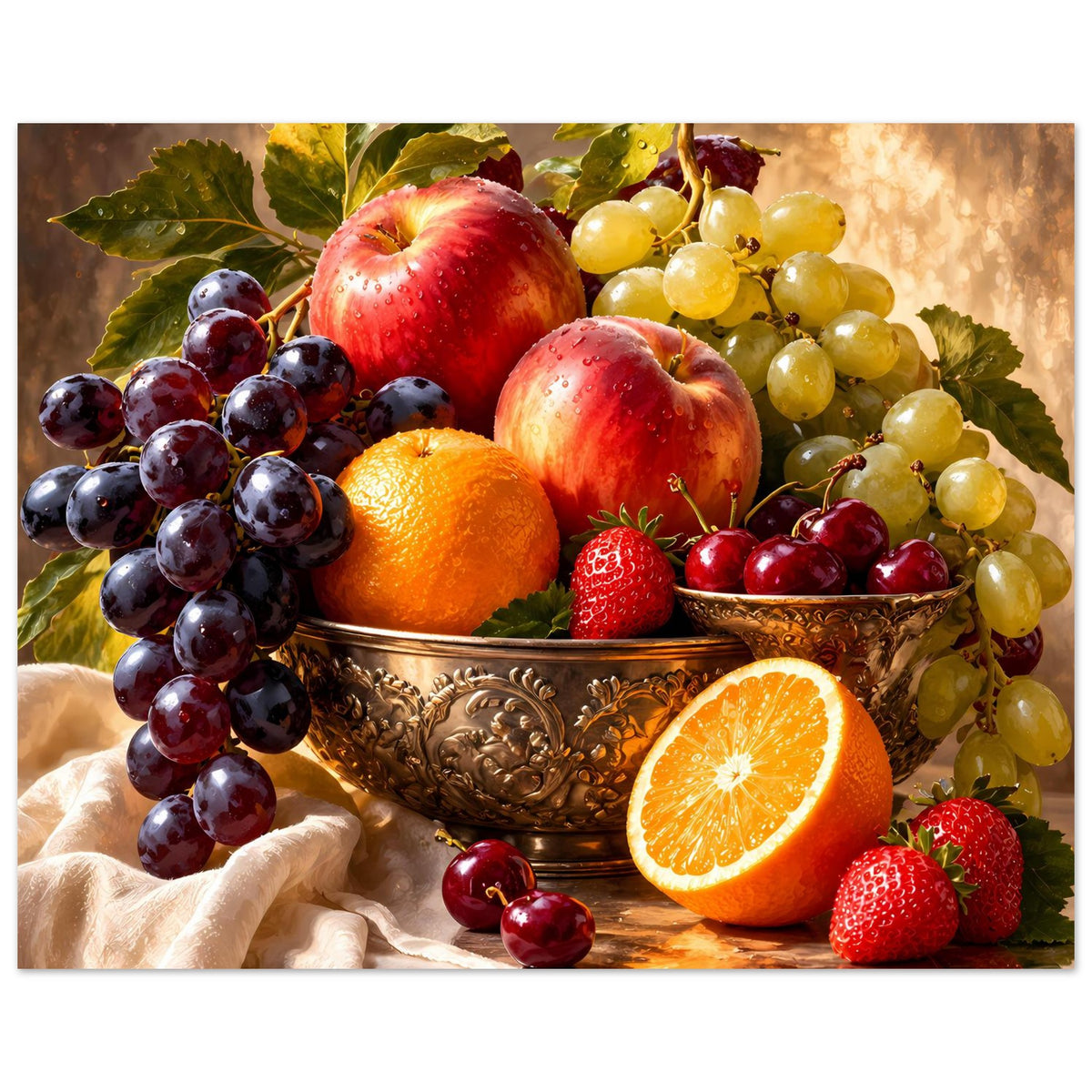 Obst-Stillleben-Poster im Querformat mit Kupferschale und bunten Früchten: Trauben, Orange