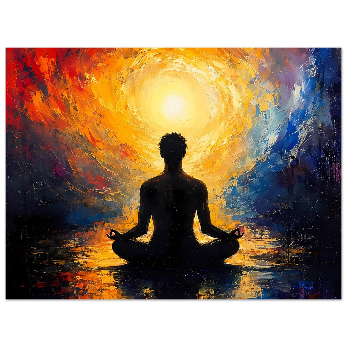 Abstraktes Zen-Poster im Querformat mit Meditationssilhouette im Lotussitz und heller goldener Strahlung