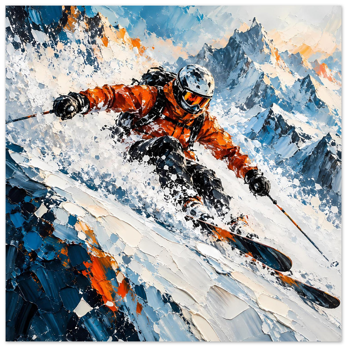 Wintersport-Poster: Skifahrer bei Abfahrt, Orange Outfit und Skibrille, dynamisch
