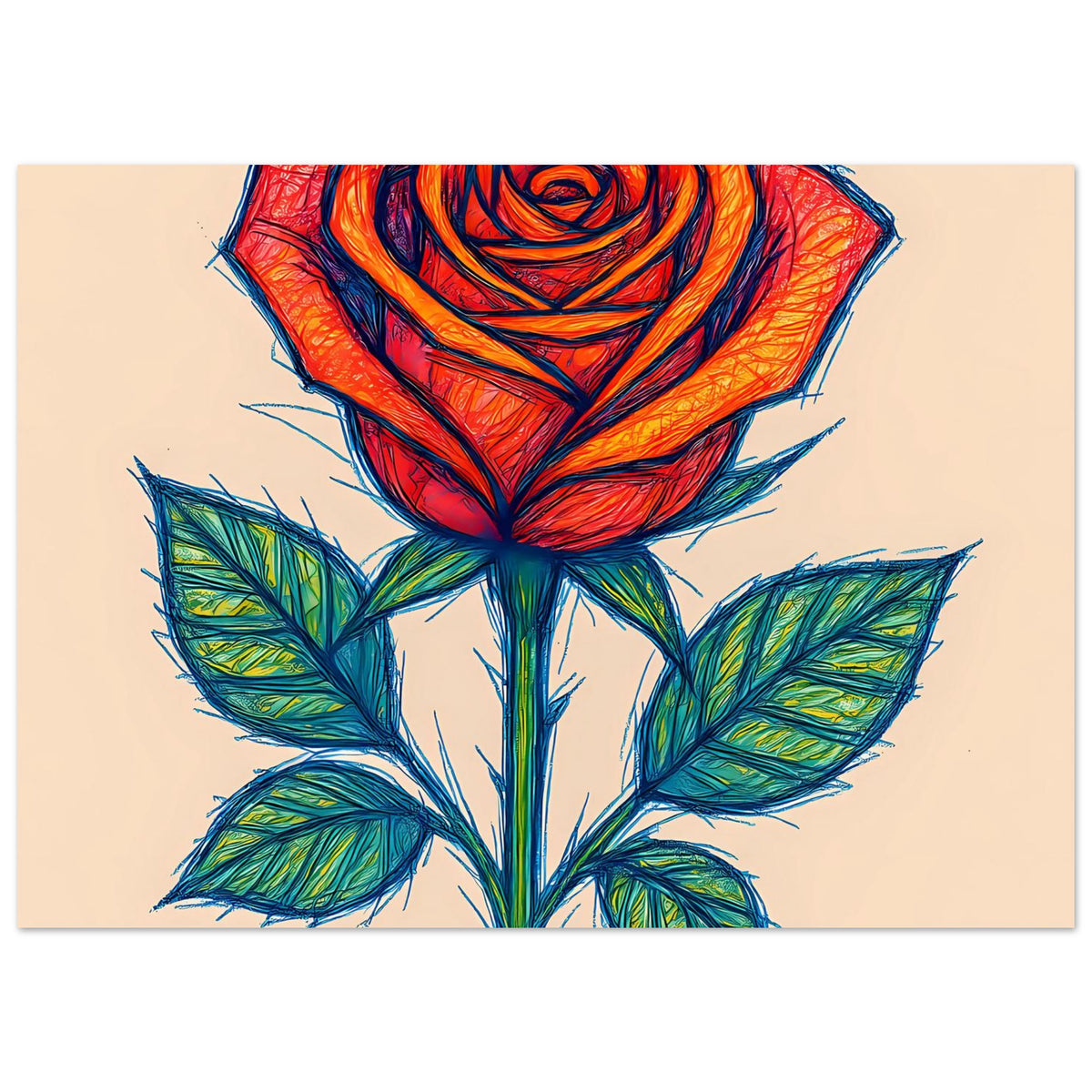 Querformat-Rosenposter, große skizzierte Rosenblüte mit grünen Blättern