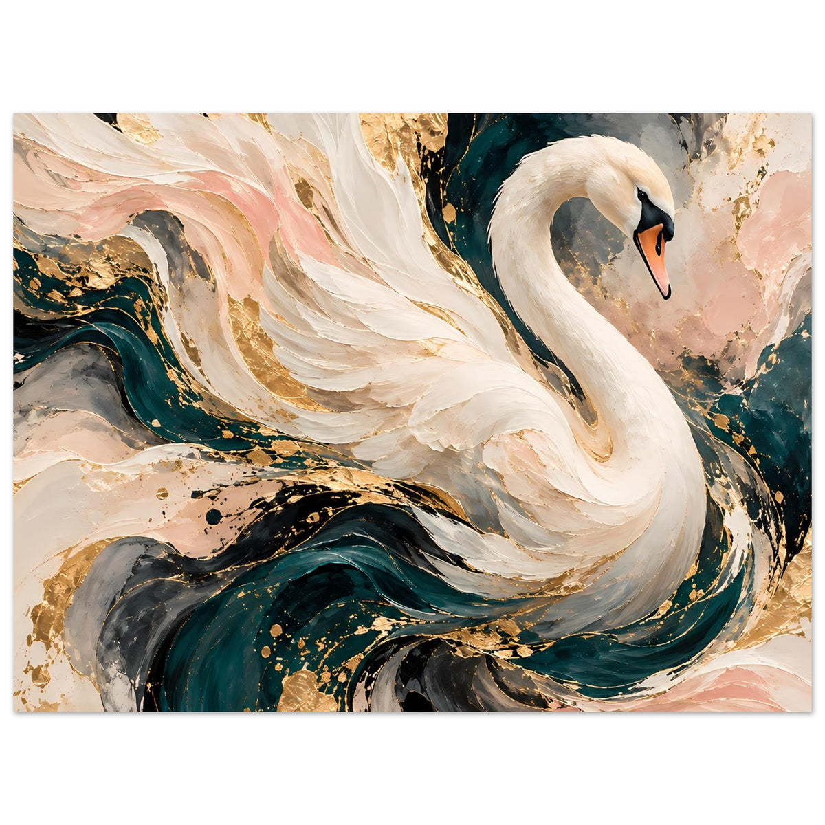 Abstraktes Kunstposter im Querformat: weißer Schwan vor gold-rosa und dunkelblauen Farbverläufen