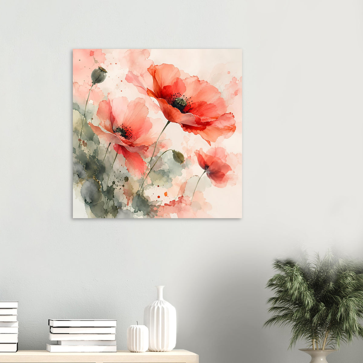 Wandposter mit aquarellierten Mohnblumen in Korallrosa und Grün, quadratisch