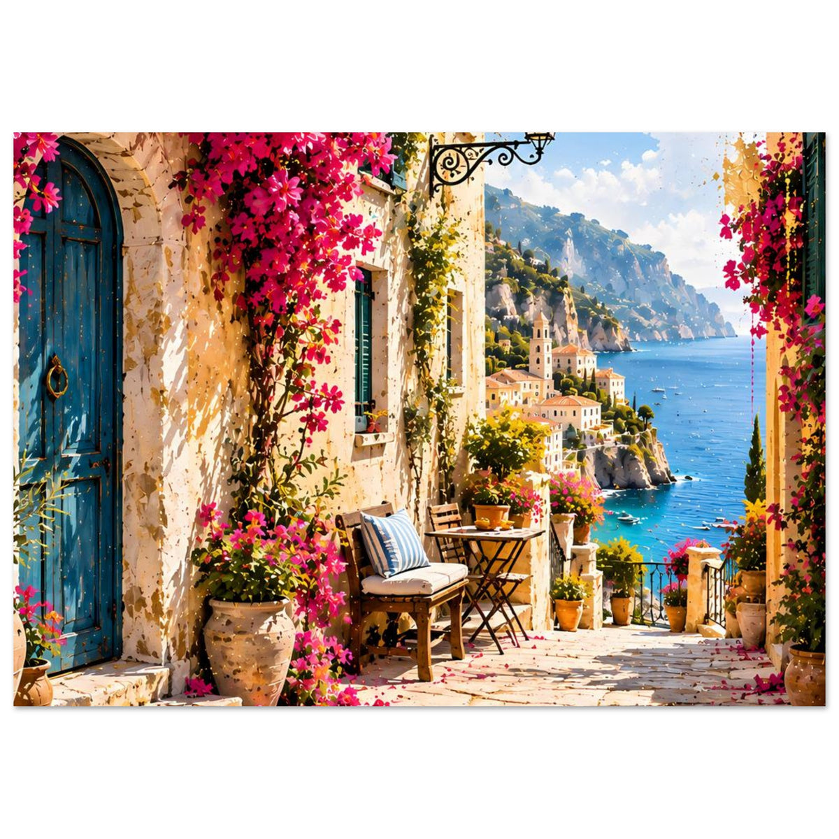 Mediterranes Küstenmotiv-Poster mit Steinbogen, pinken Blüten, Laterne und Küstenblick
