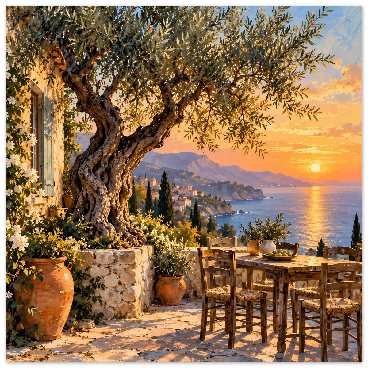 Mediterranes Sonnenuntergang-Poster (hochkant) mit Olivenbaum, Vase und Holztisch