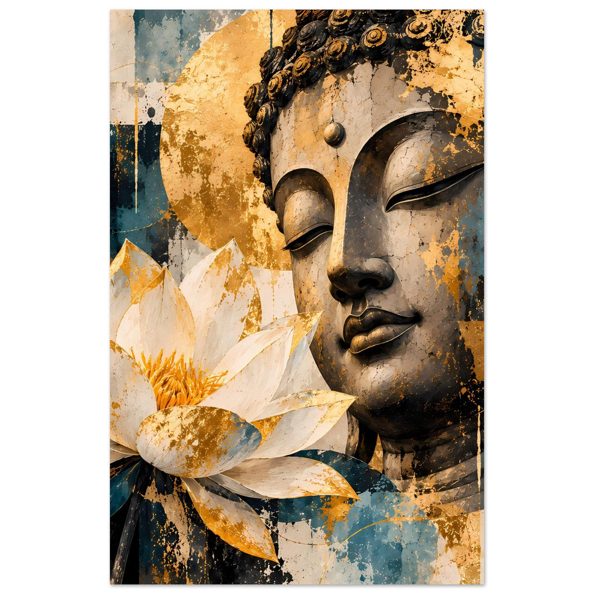 Vertikales Poster mit Buddha-Profil und Lotusblüte, weiß-goldene Blätter auf Gold-Petrol-Hintergrund