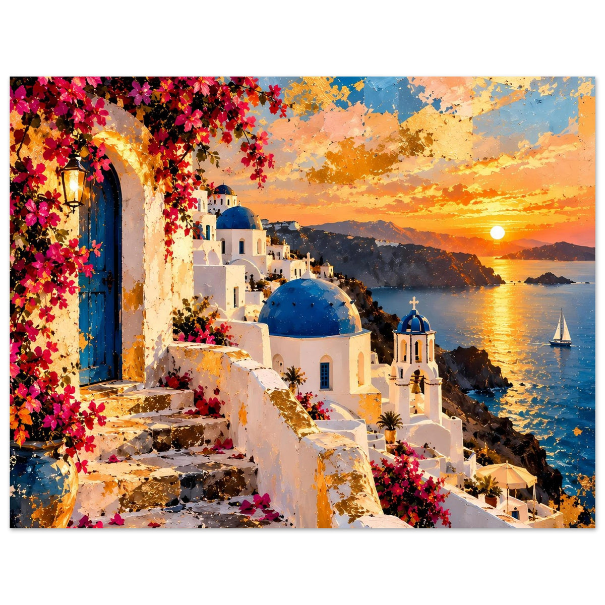 Horizontales Poster: blaue Kuppelbau, Meer mit Segelbooten und Sonnenuntergangs-Himmel