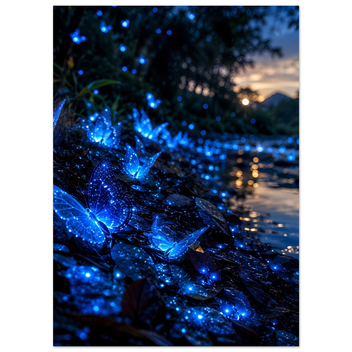 Vertikales Poster: leuchtender blauer Schmetterling, dekoratives Glitzerbild auf dunklem Hintergrund