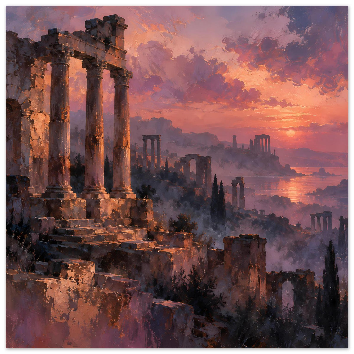 Poster mit antiken Ruinen und Sonnenuntergang, orange-violette Farbflächen