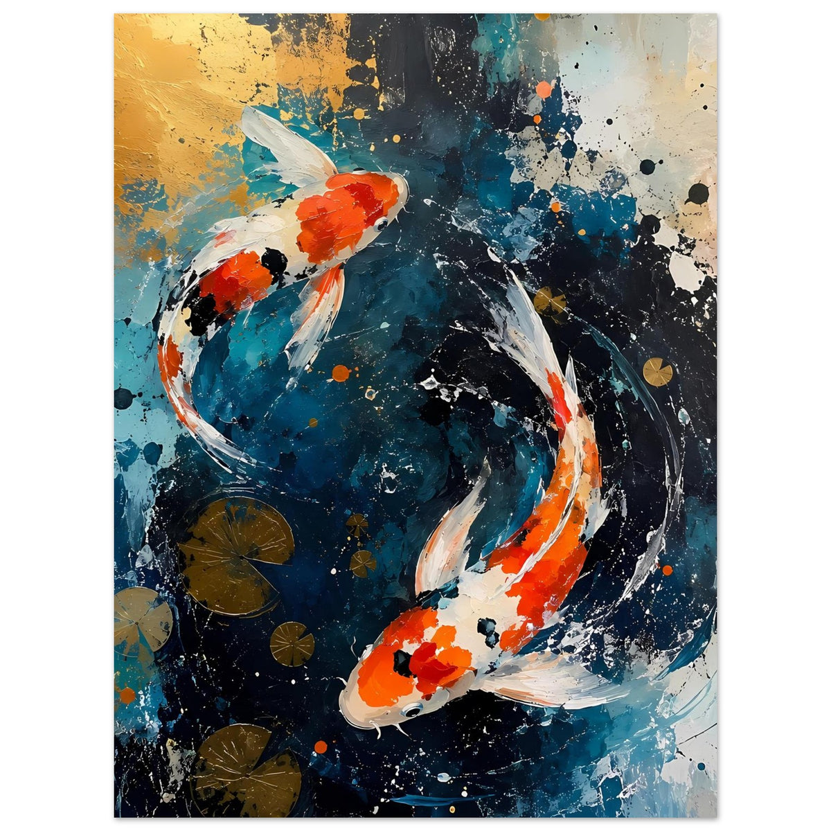 Abstraktes Koi-Poster mit zwei Koi, orange-weiße Körper und blau-schwarze Wirbel