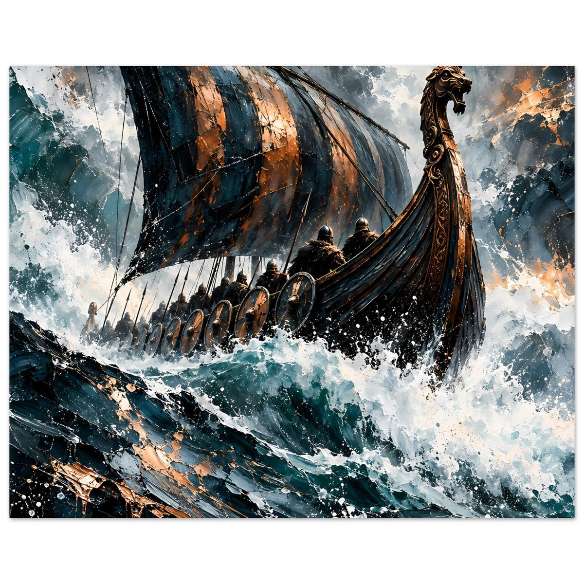 Wikinger-Longship Poster: Langschiff mittig mit Segel, Kriegern, Wellen und Farbverlauf in Blau