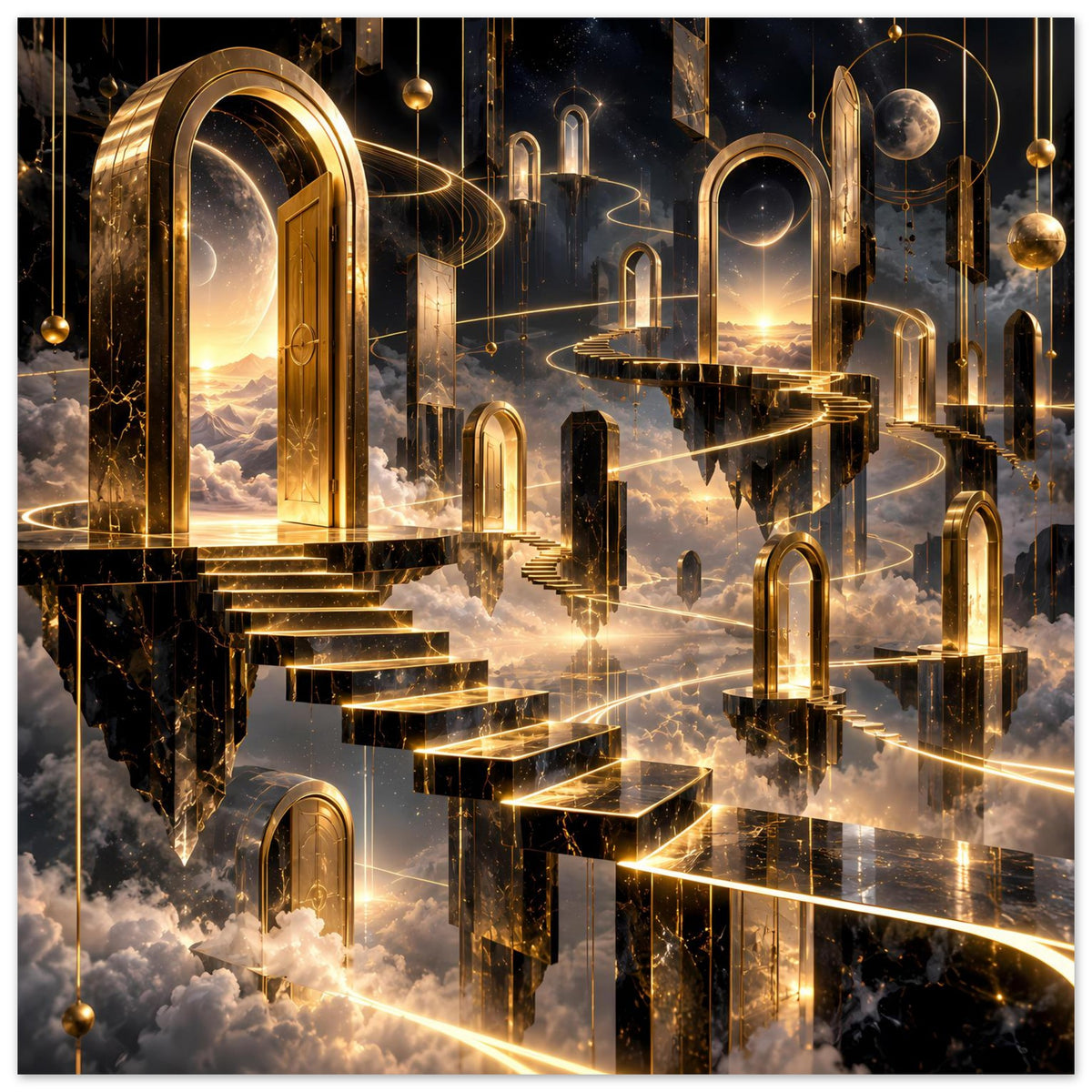 Poster mit goldschwarzem Fantasy-Architekturmotiv über Wolken, leuchtende Geländer und Bögen