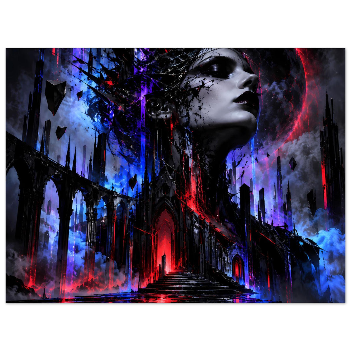 Gothic-Fantasy-Poster im Querformat: Frauenfigur im Neonrot und -blau vor einer düsteren Gasse