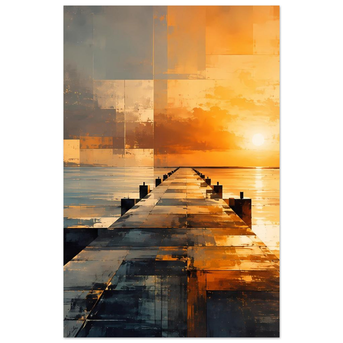 Hochformat-Wandposter mit abstraktem Steg, Sonnenuntergangslicht und blockige Muster in warmem Orange