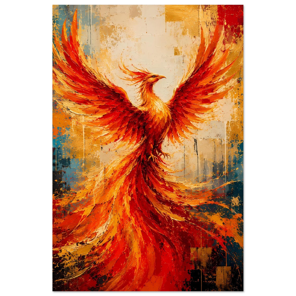 Phönix-Poster mit kräftigen Flügeln in Rot und Orange vor gemustertem Hintergrund