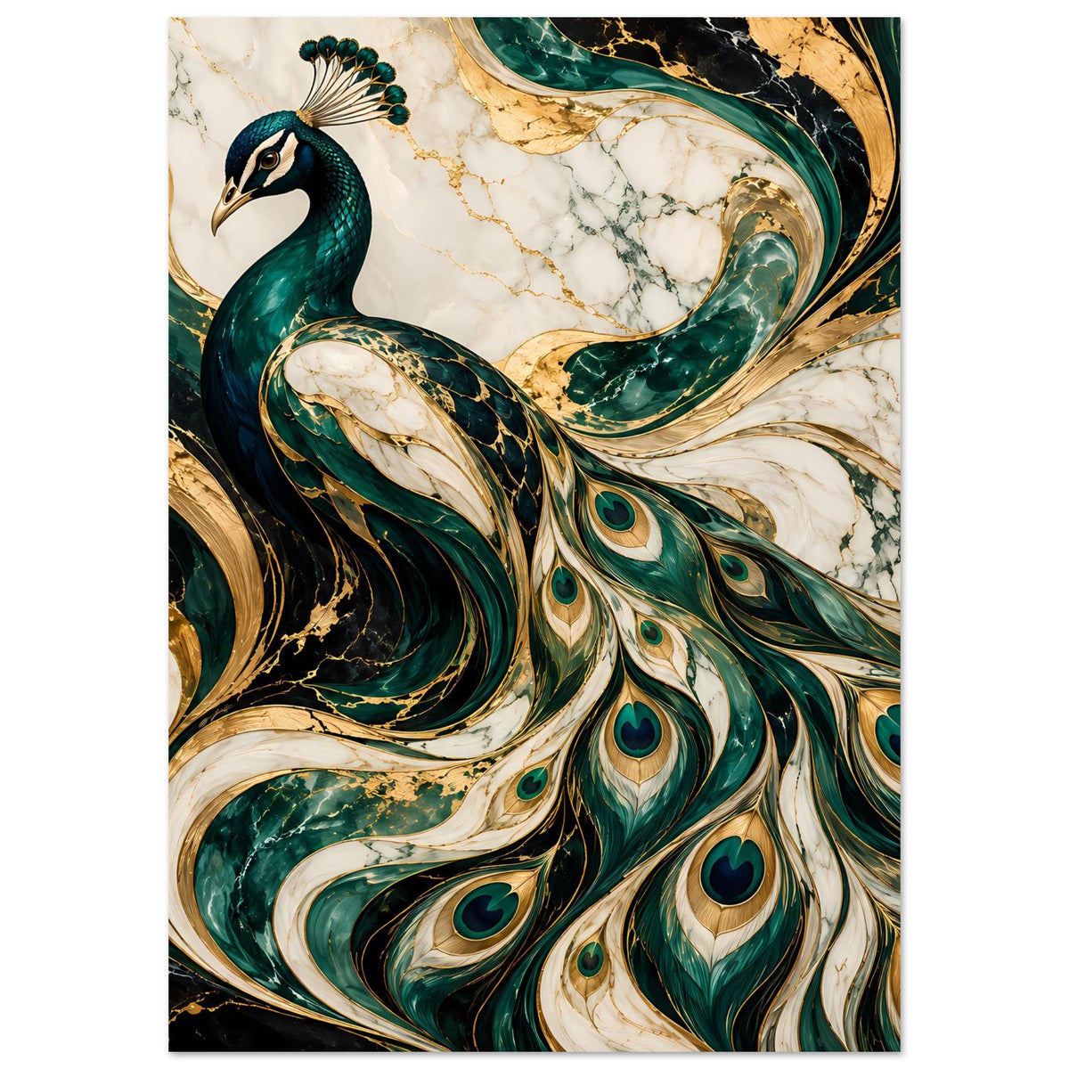 Hochformatiges Pfau-Motivposter mit smaragdgrünen Federn, weißen Highlights und goldenen Linien
