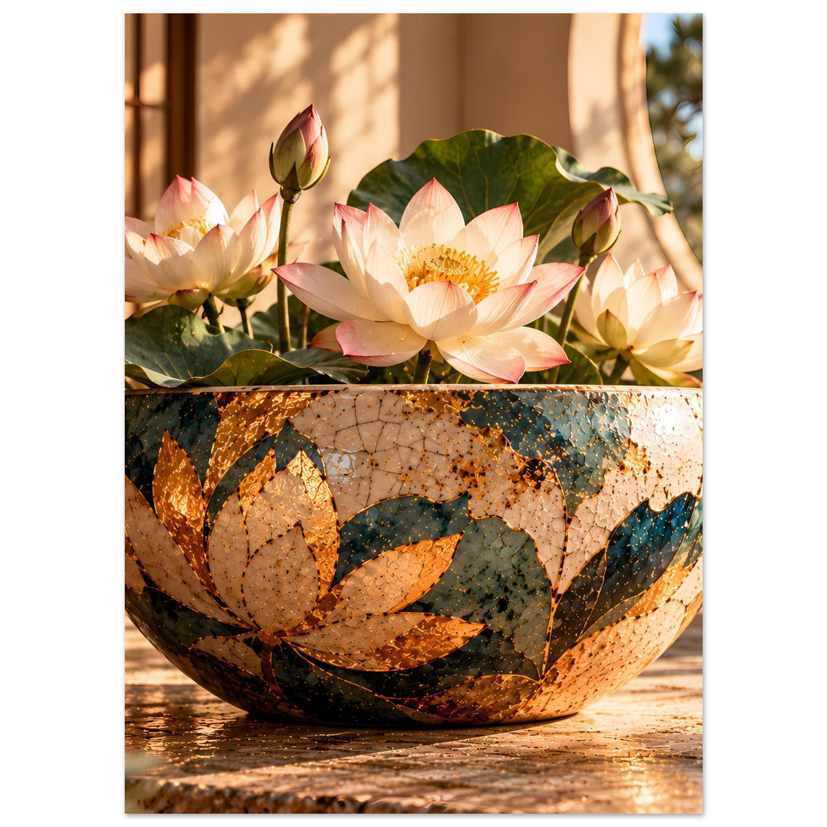 Poster mit Lotusblüten in Schale: zentraler Lotus, weitere Blüten im Hintergrundmotiv