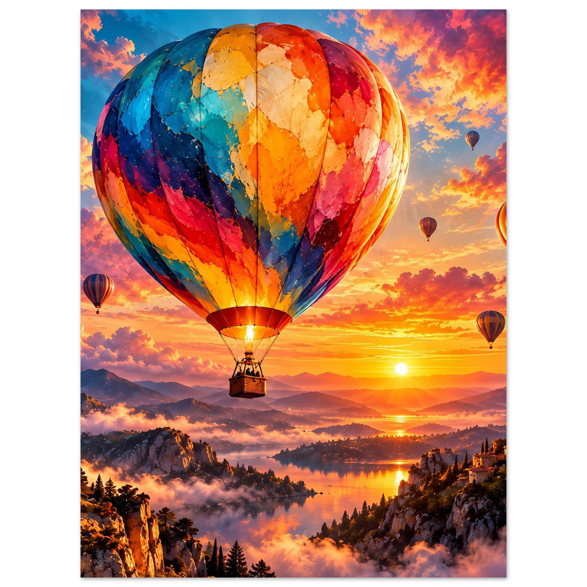 Poster mit Heißluftballon über Sonnenuntergangslandschaft, mehrere Ballons im Himmel