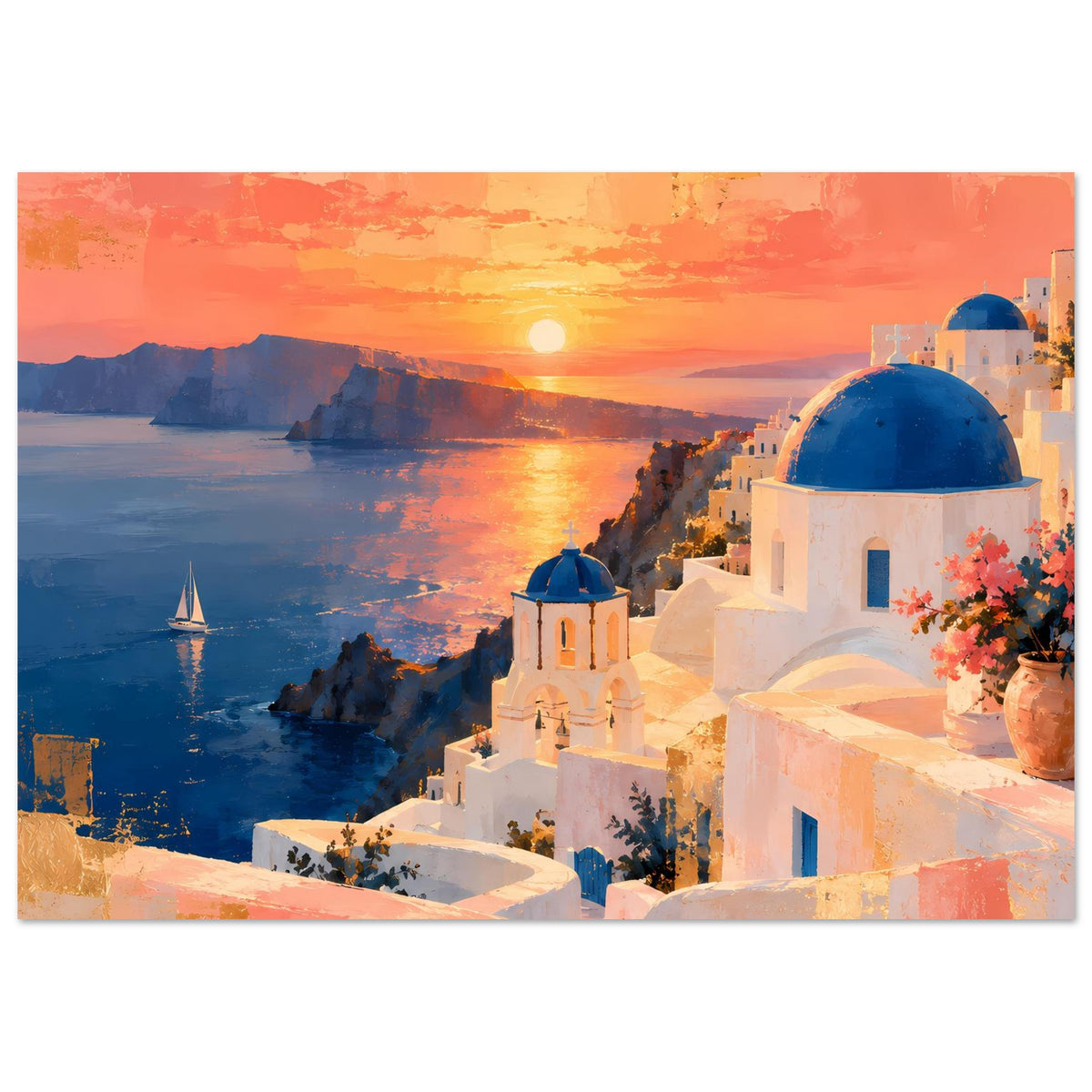 Wandposter im Querformat mit Sonnenuntergang über der Bucht und weißen Gebäuden