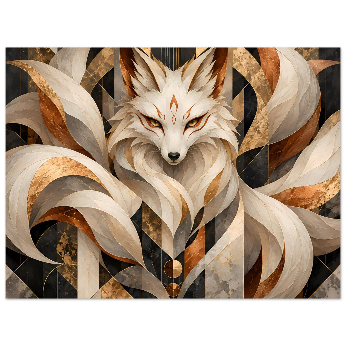 Geometrisches Poster mit Fuchs-Motiv in Erdtönen und Gold, Nahansicht mit Fokus auf Kopf und Kringel