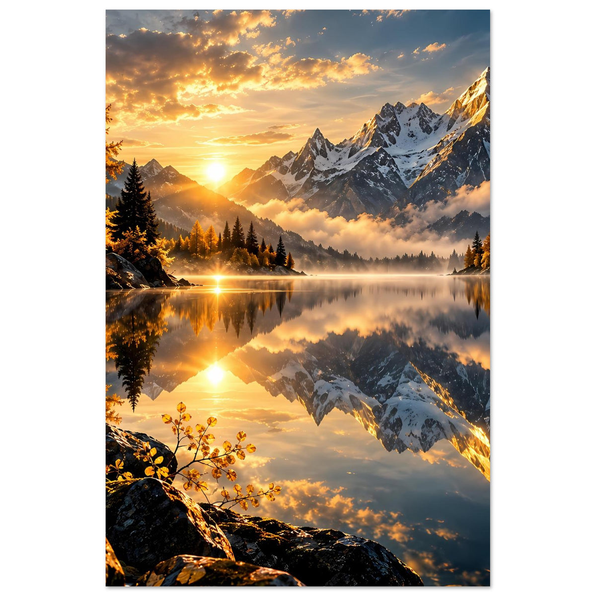 Hochformatiges Fotoposter mit Bergen, See und Sonnenaufgang über Nebel und Wolken