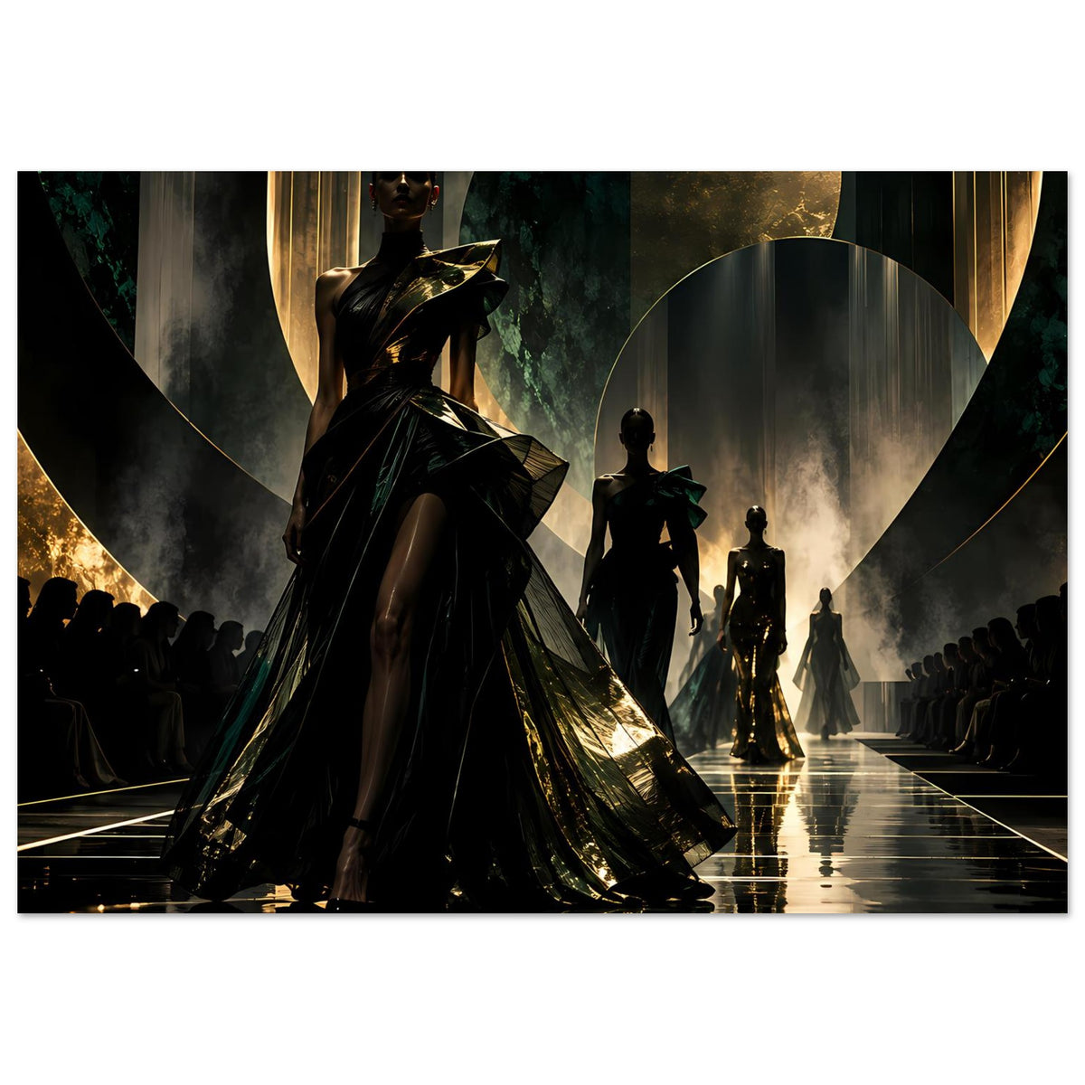 Querformat-Poster: elegante Modellfigur in dunklem Kleid, goldene Highlights und weitere Silhouetten.