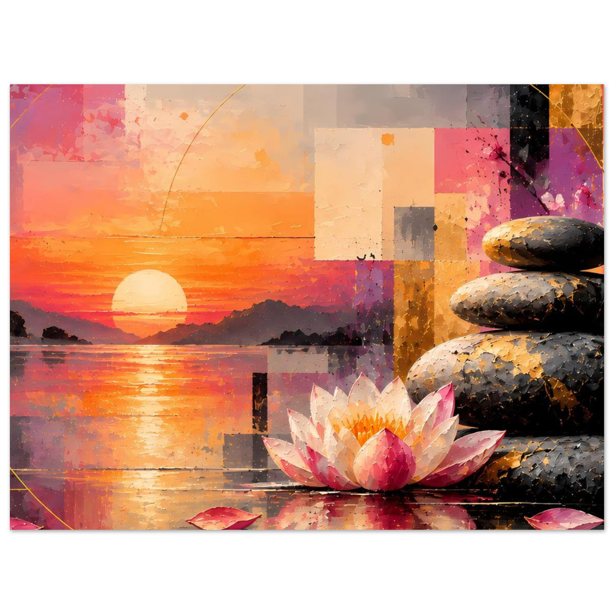 Kunstdruck im Querformat: Lotus am Wasser, gestapelte Steine, abstrakte Flächen und Blütenblätter