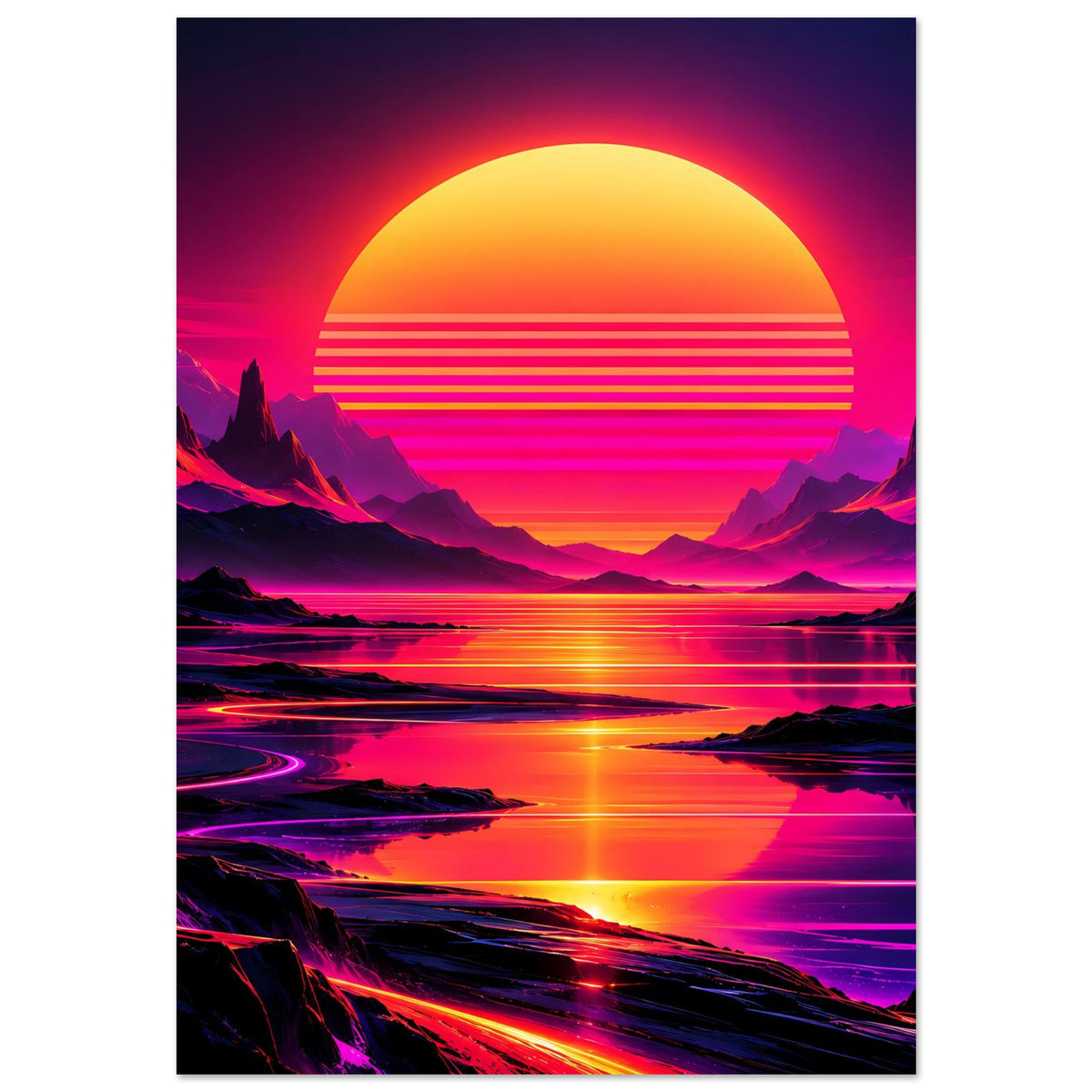 Neon-Kunstdruck im Hochformat: leuchtende Sonne, Berge und reflektierender See