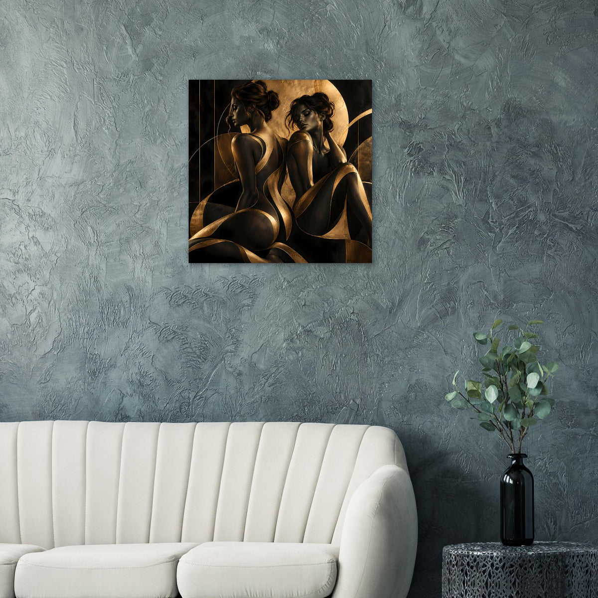 Quadratisches Kunstposter mit Frauenakt-Silhouetten in Schwarz und Gold