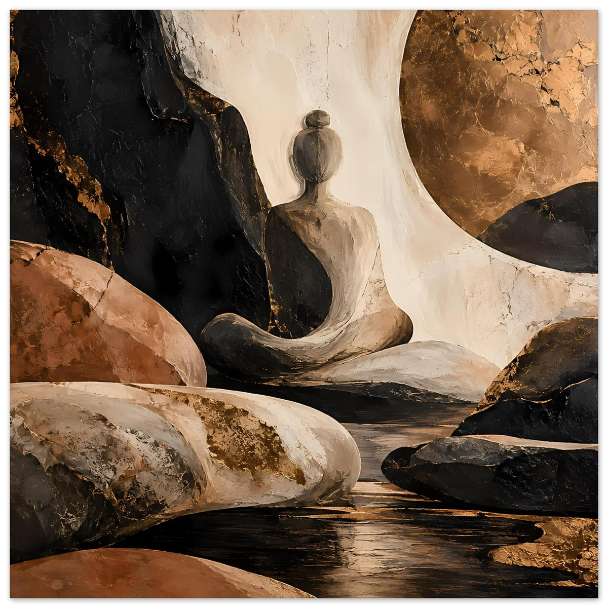 Gerahmtes Panorama-Poster mit Meditationsfigur, Steinen, warmen Erdtönen und dunklem Hintergrundmuster
