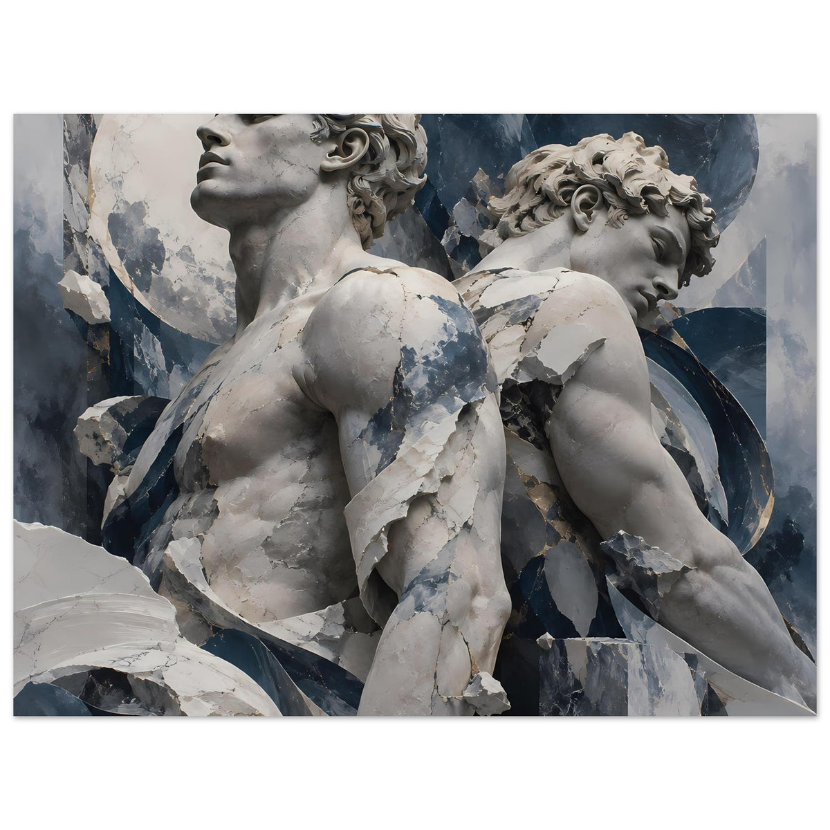 Querformat-Poster: zwei Engelstatuen, weiß-graue Figuren vor Blau-Grau-Grafik