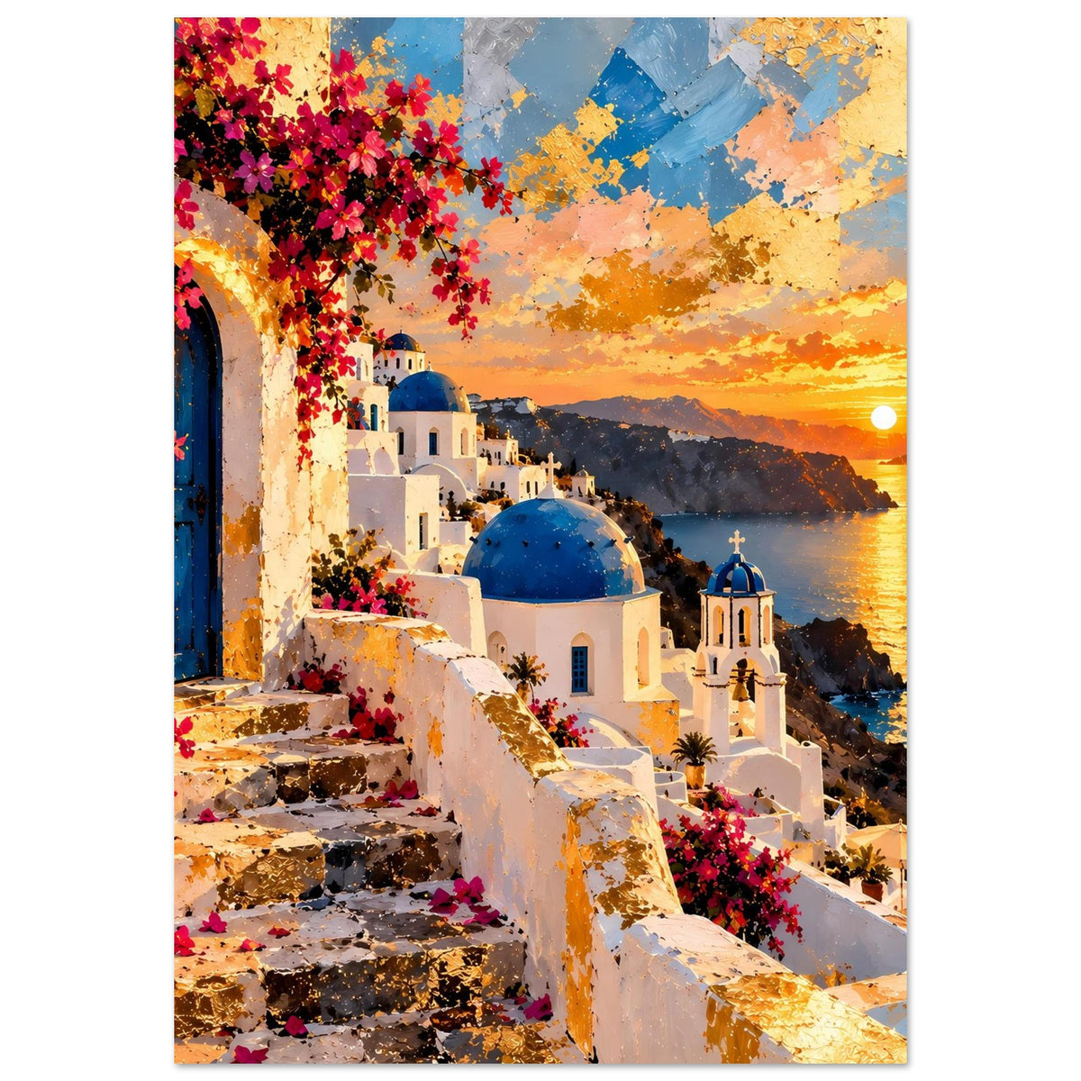Vertikales Poster: weiße Häuserfront mit blauer Kuppel, Treppe und Sonnenuntergang am Meer
