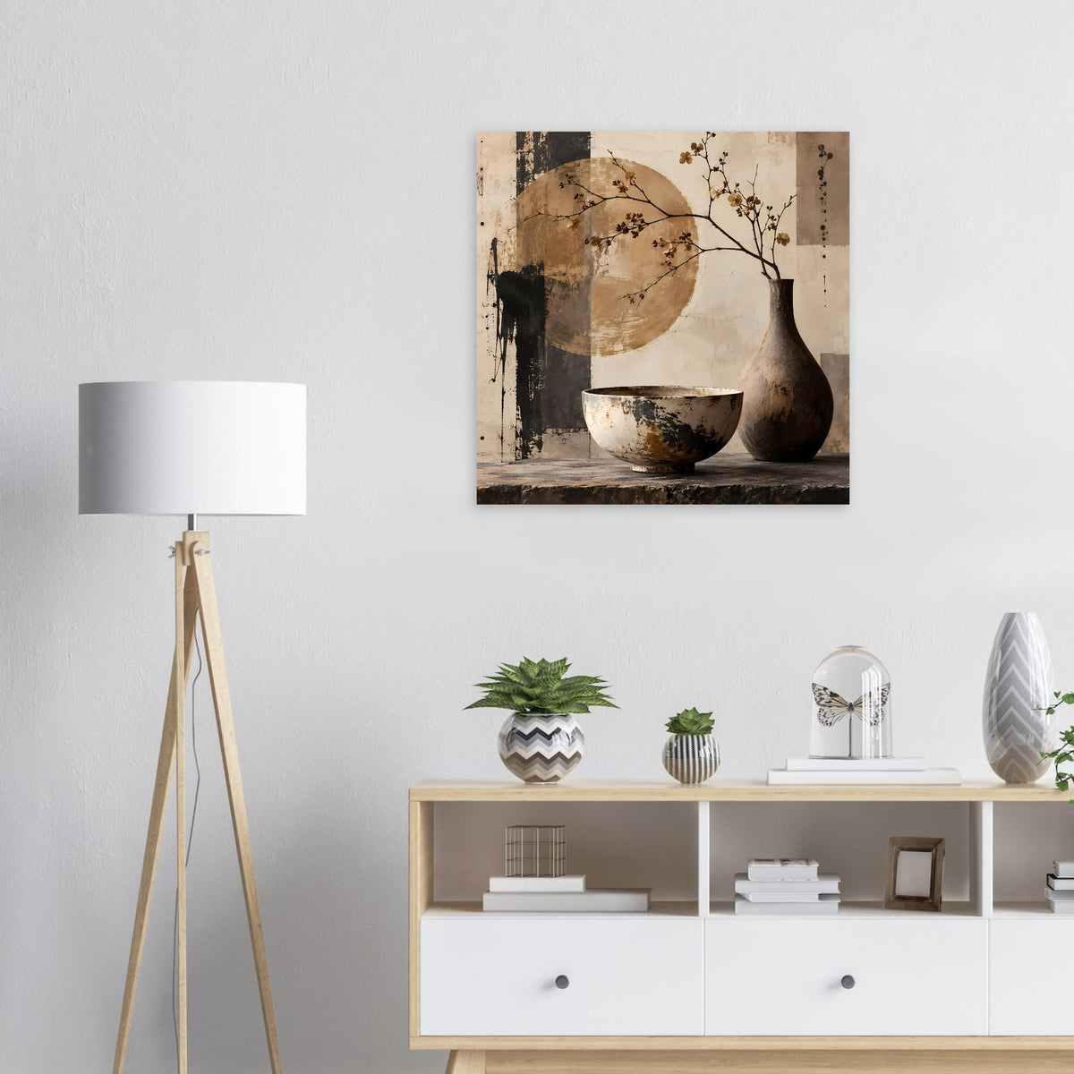 Abstraktes Stillleben-Poster mit Schüssel, Vase und Baumzweig in Erdtönen