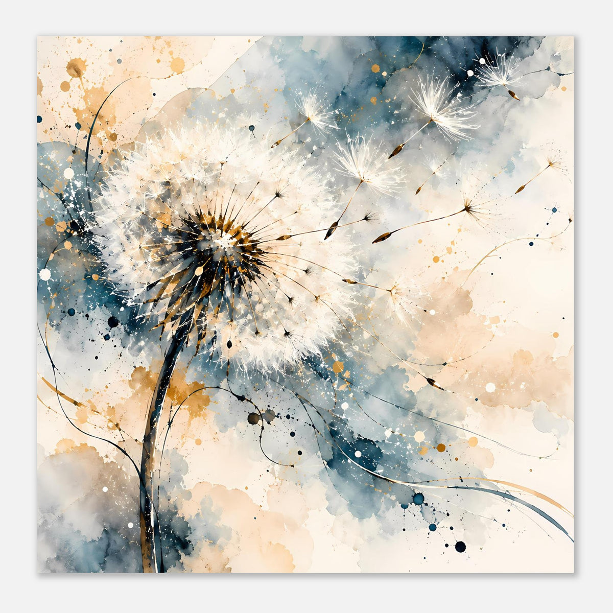 Kunstposter mit Pusteblume, Blau- und Goldtönen, auslaufende Linien und Sprenkel