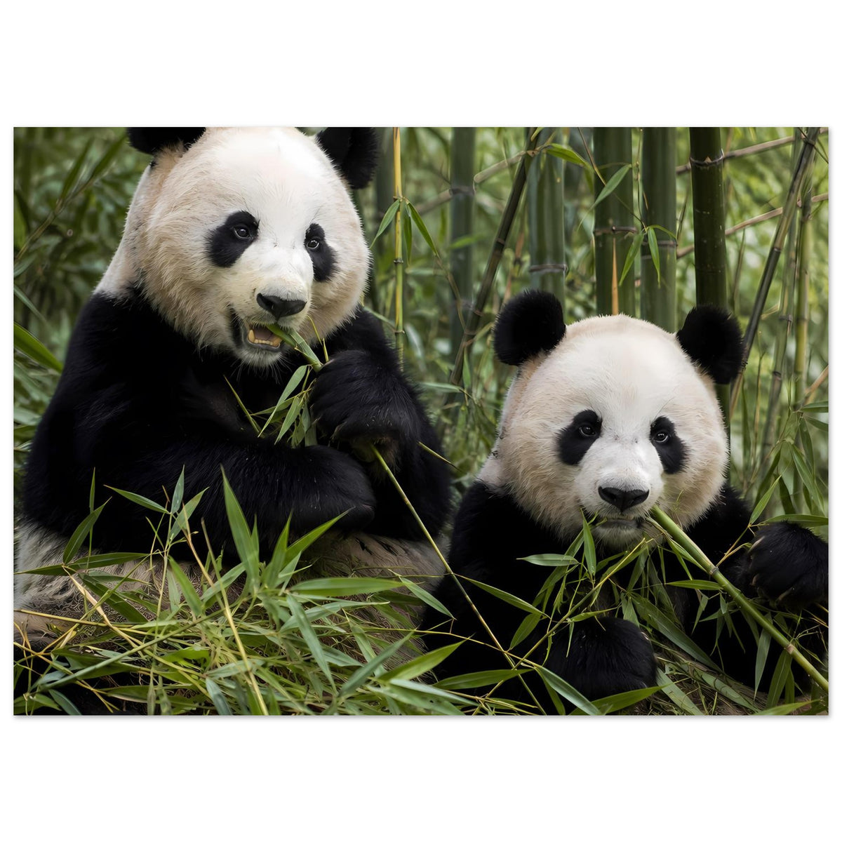 Poster im Querformat mit zwei Pandas vor Bambus, weiße Gesichter und schwarzer Körper
